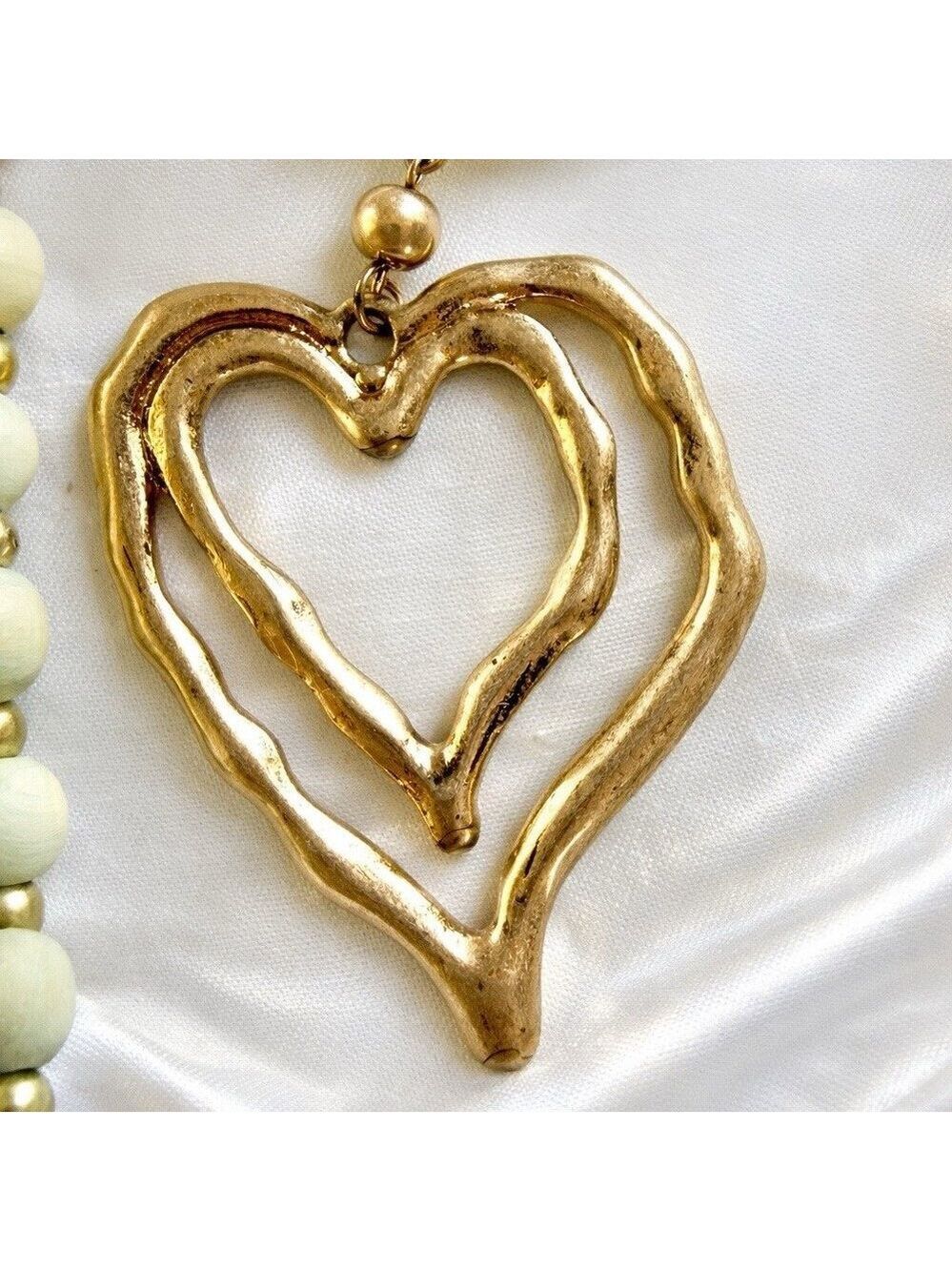 Wood Bead Necklace Sage Green Gold Double Heart Pendant - Picture 2 of 8